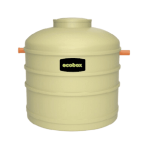 Biokube BDT 600 L är en stor, rund tank märkt "ecobox", ljusfärgad med två orangea sidohandtag, en cylindrisk toppöppning och horisontella band runt kroppen.